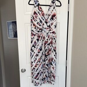 White House Black Market Floral Stripe V-Neck Sleeveless Midi Dress